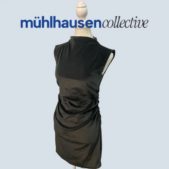 NWT A New Day Black Velvet Ruched Mini Dress Sleeveless Mock Neck - Picture 1 of 4